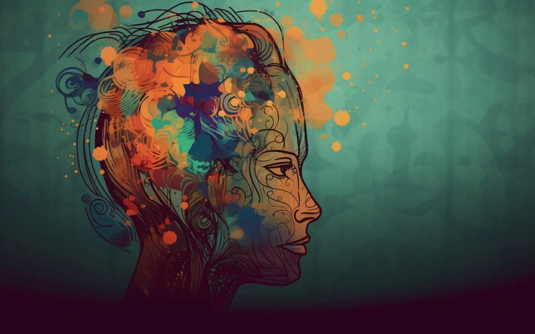 Colorful artist depiction of a womans head with orange and your paint dobs representing anxiety.